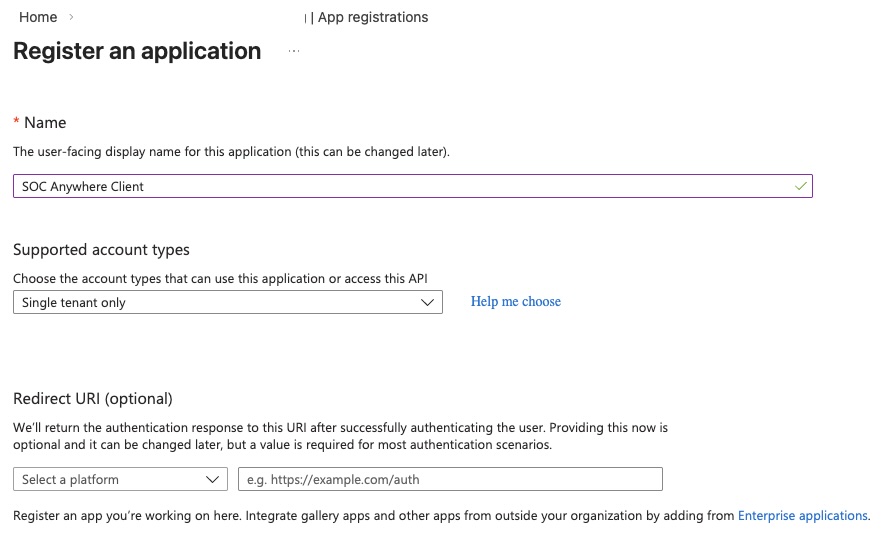 New app registration form in Microsoft Entra ID
