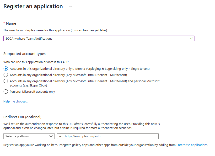 Screenshot of the Register an application form with name field highlighted