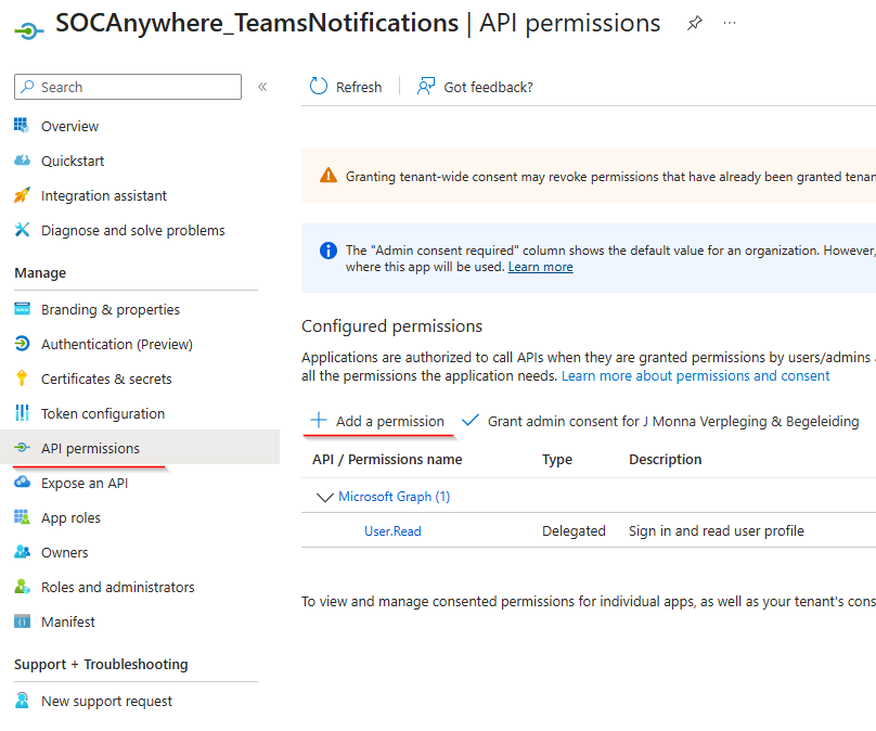 Screenshot of API permissions page with Add a permission button