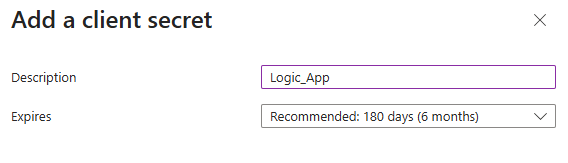 Screenshot of Add a client secret dialog with description and expiration fields