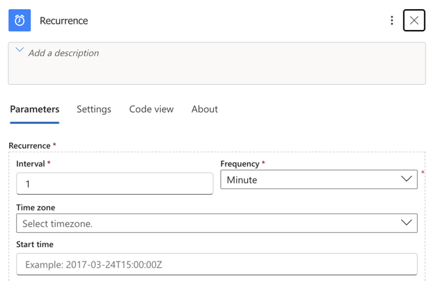 Screenshot of Recurrence trigger configuration with interval and frequency settings