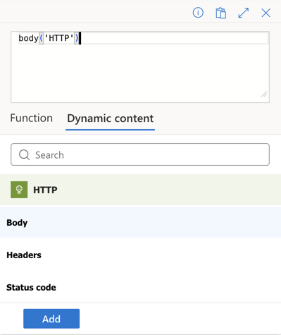 Screenshot of Parse JSON content field with Dynamic content Body property selected