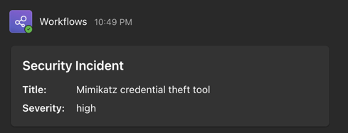 Screenshot of Microsoft Teams channel showing adaptive card with Defender for Endpoint security incident notification