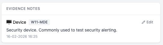 Evidence knowledge base note attached to a device in SOC Anywhere