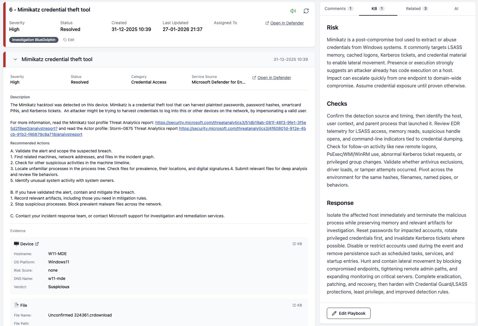 Knowledge base tab showing a playbook alongside incident details in SOC Anywhere