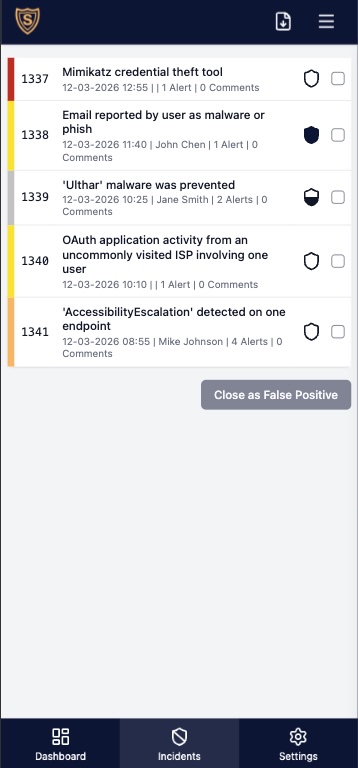 SOC Anywhere mobile app showing incident overview