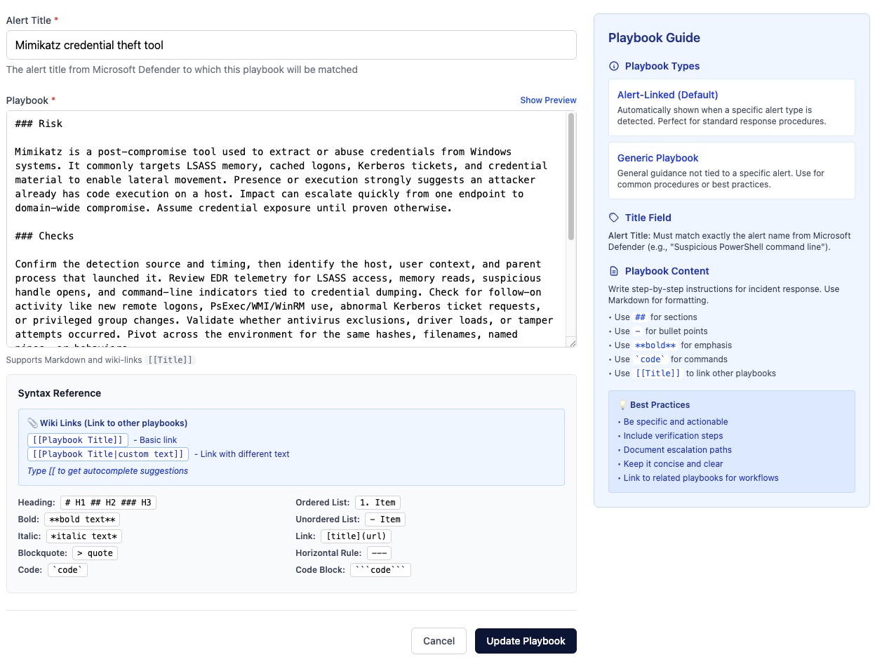 Playbook editor in SOC Anywhere with Markdown editing and live preview
