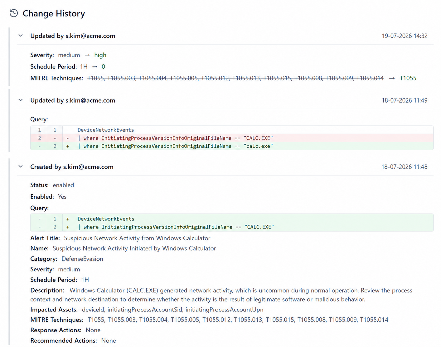 Custom detection rule change tracking in SOC Anywhere